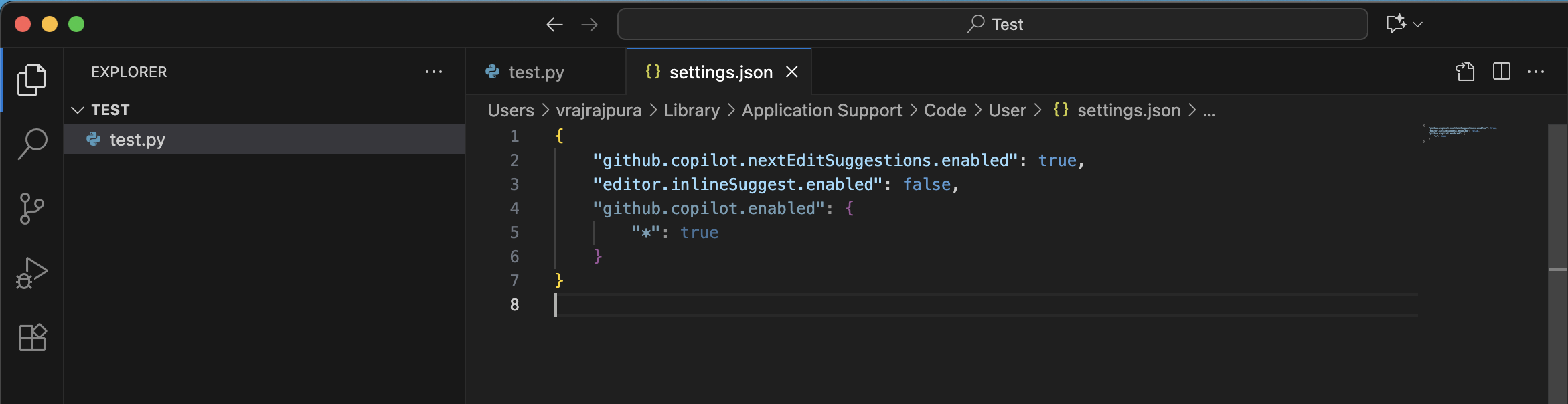 VS Code Command Palette with 'settings.json' option