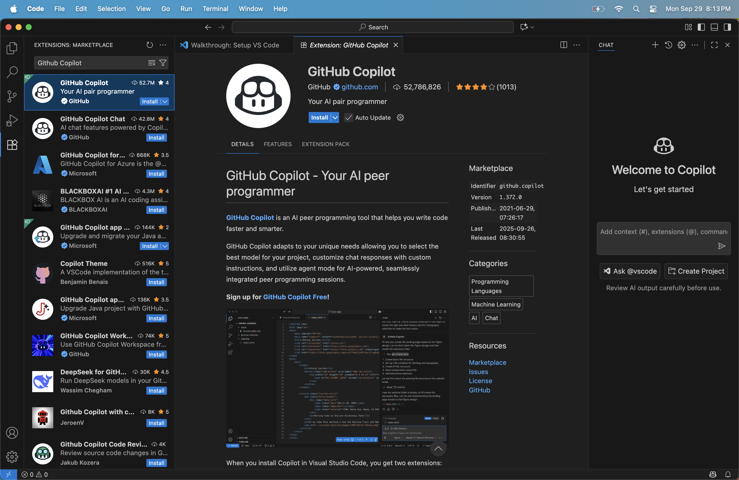 VS Code extension marketplace with Copilot highlighted