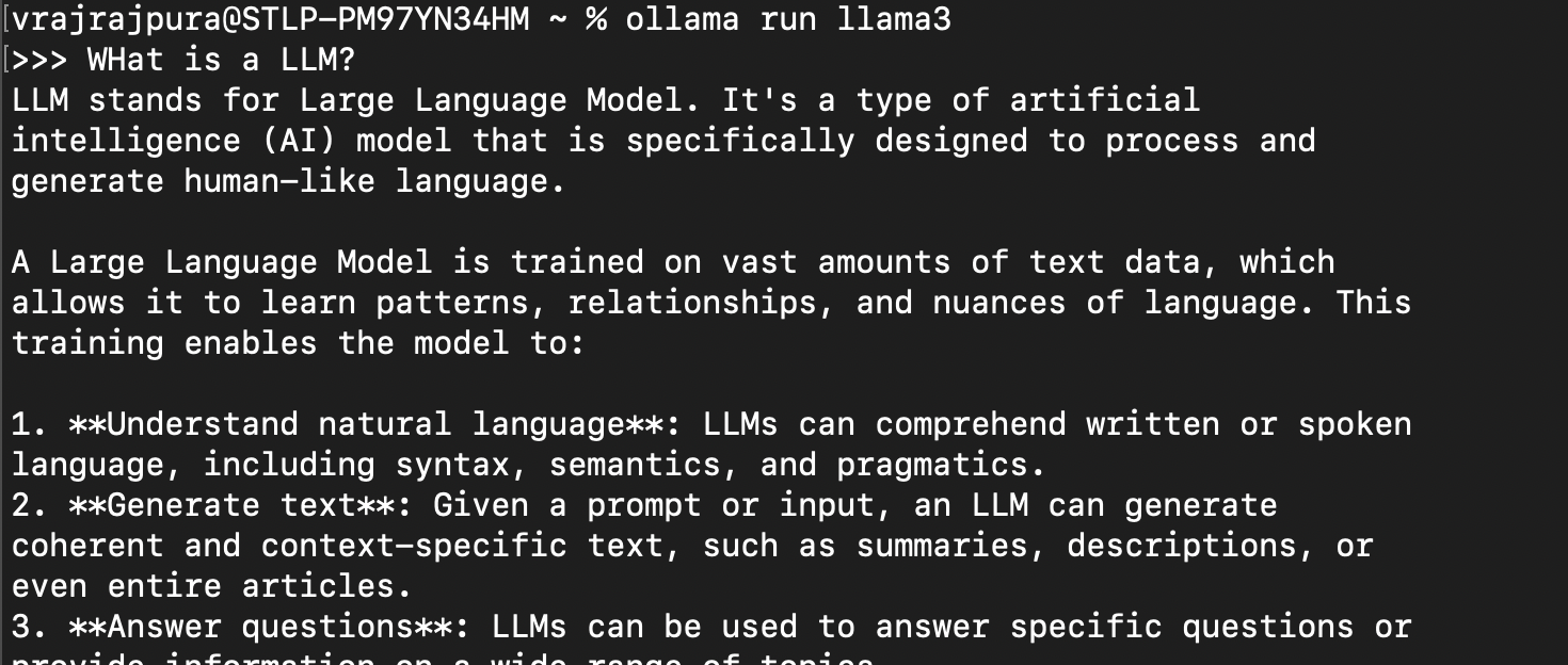 Screenshot of a conversation with llama3 in terminal