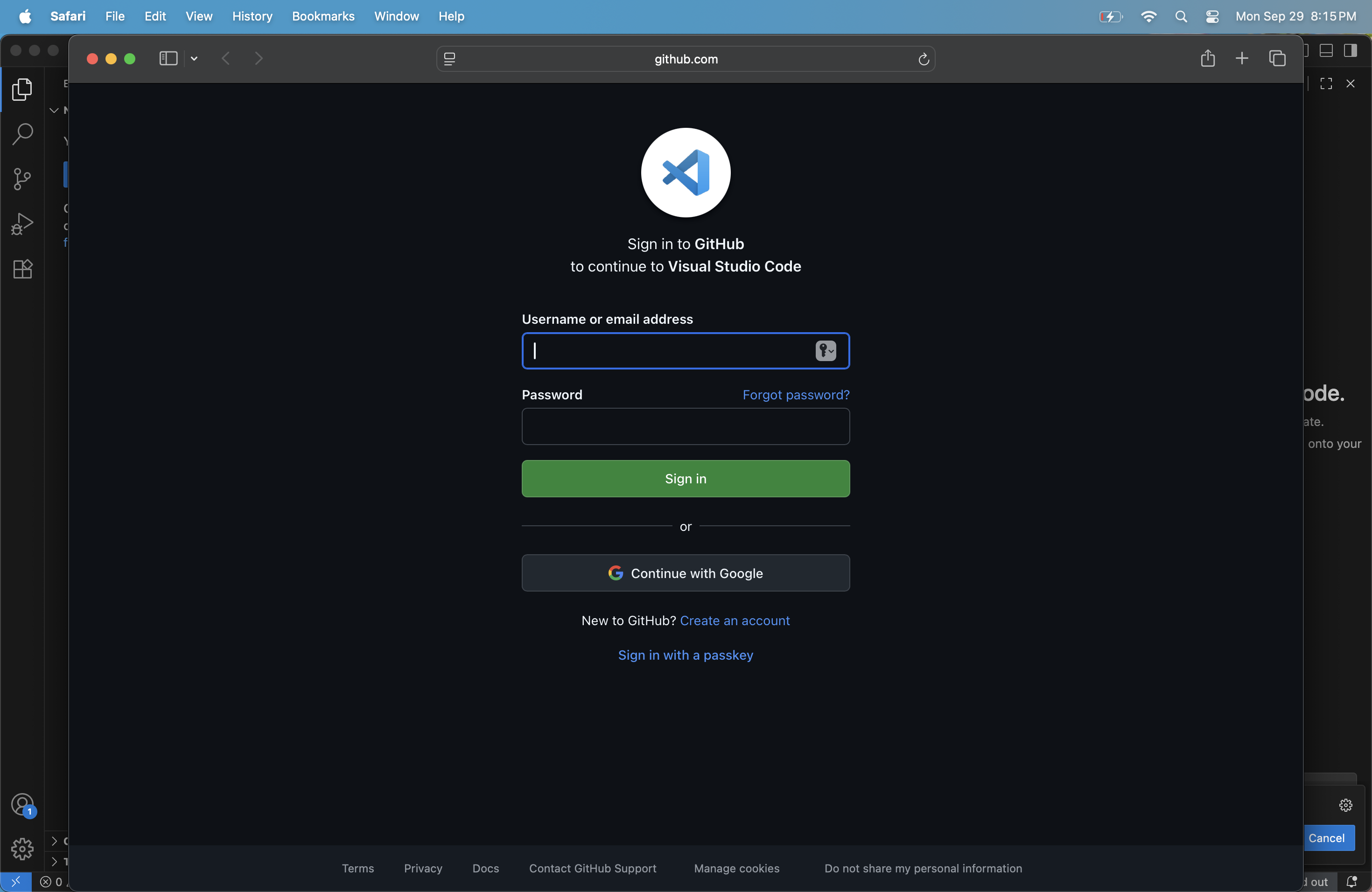 GitHub login popup in VS Code